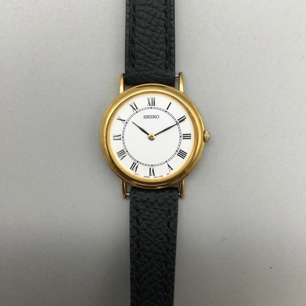 Seiko Watch Womens 26mm Gold Tone 1N00-0D59 Black Leather Band New Battery - Picture 9 of 15